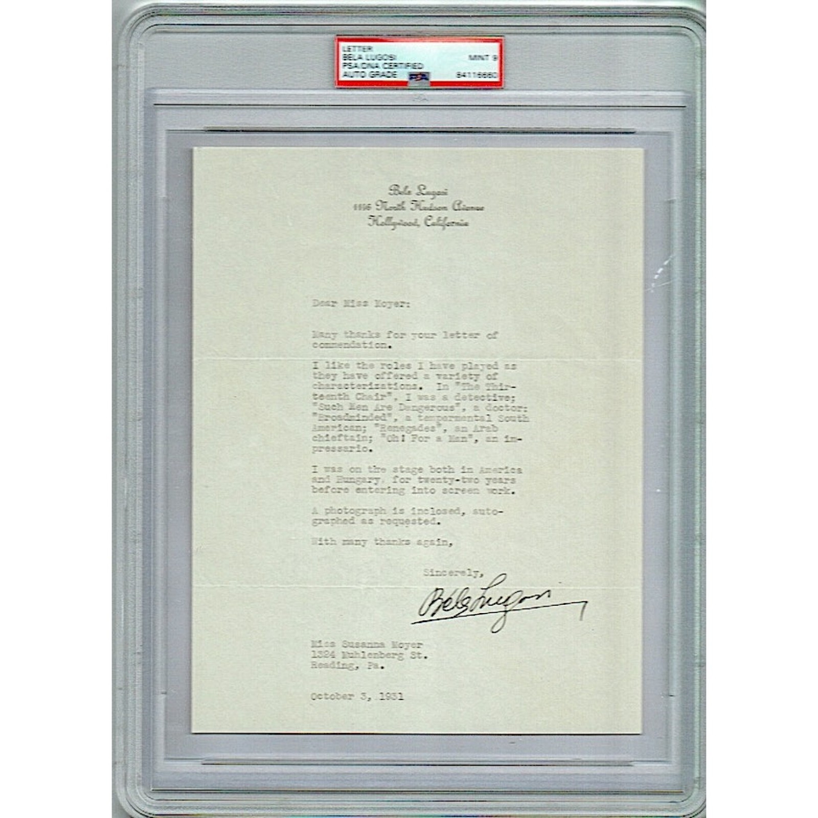 Bela Lugosi Signed 1931 Letter on Personal Letterhead - Dracula - PSA ...