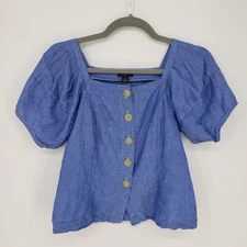 Ann Taylor Puff Sleeve Square Neck Top XXSP Linen Cotton Blend Button Down Blue