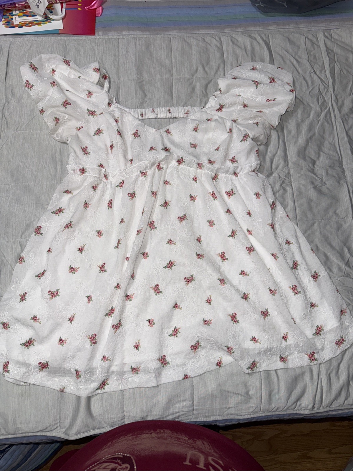 Arula White Pink Floral Puff Sleeve Mini Dress Cutout Back Size 1X