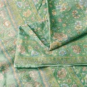 Sanskriti Vintage Green Sari Soft Pure Silk Floral Print Saree 5.5Yd Craftfabric