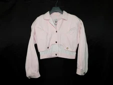 Vintage 80s East West M Pink Denim Blouson Cropped Short Jacket Striped Trim