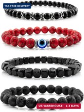Men's Beaded Bracelet Set, 4 Pack Stackable Natural Stone Bracelets with Black O