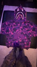 A Bathing Ape Shark Purple Camo Full Zip Hooded Fleece Cotton Hoodie Size L