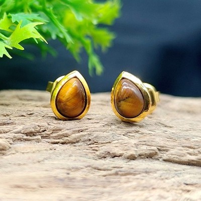Natural Tiger Eye Studs Pair, 5x7mm Pear Gemstone Earrings Gold Plated Jewelry