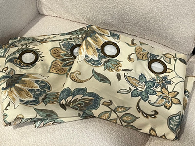 2-Pier One Gold/Blue/Cream Panels Jacobean Floral Leaves Lined Curtain 50x84 