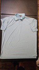 STAIN Peter Millar Summer Comfort Polo Golf Shirt Mens 2XL Light Blue W/Stripes