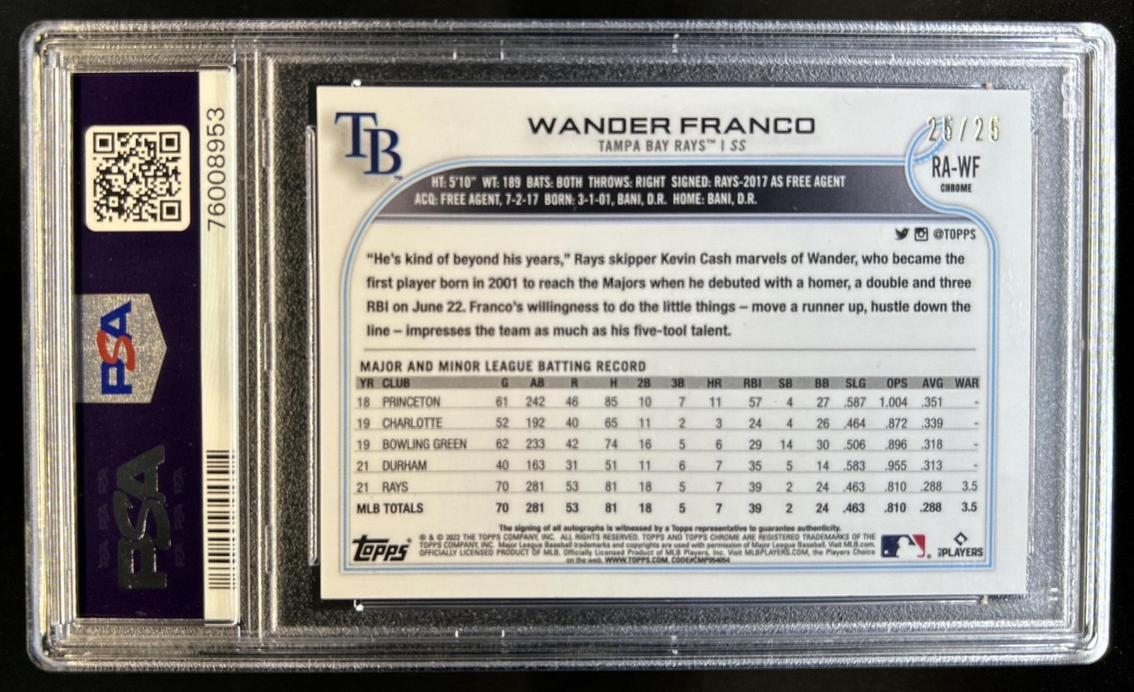 2022 Topps Chrome Wander Franco Rookie Auto RC Orange Refractor #/25 Rays PSA 9 view 2