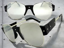 Exaggerated Classic Vintage Retro Style SUNGLASSES Large Black Frame Chrome Lens
