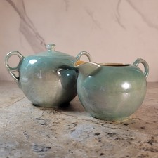 VINTAGE JAPANESE GREEN LUSTERWARE CREAMER  SUGAR BOWL WITH LID