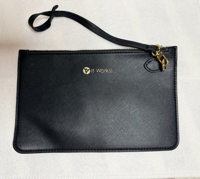 It Works! Black Leather Clutch Wristlet with Gold Hardware and Logo Accent 