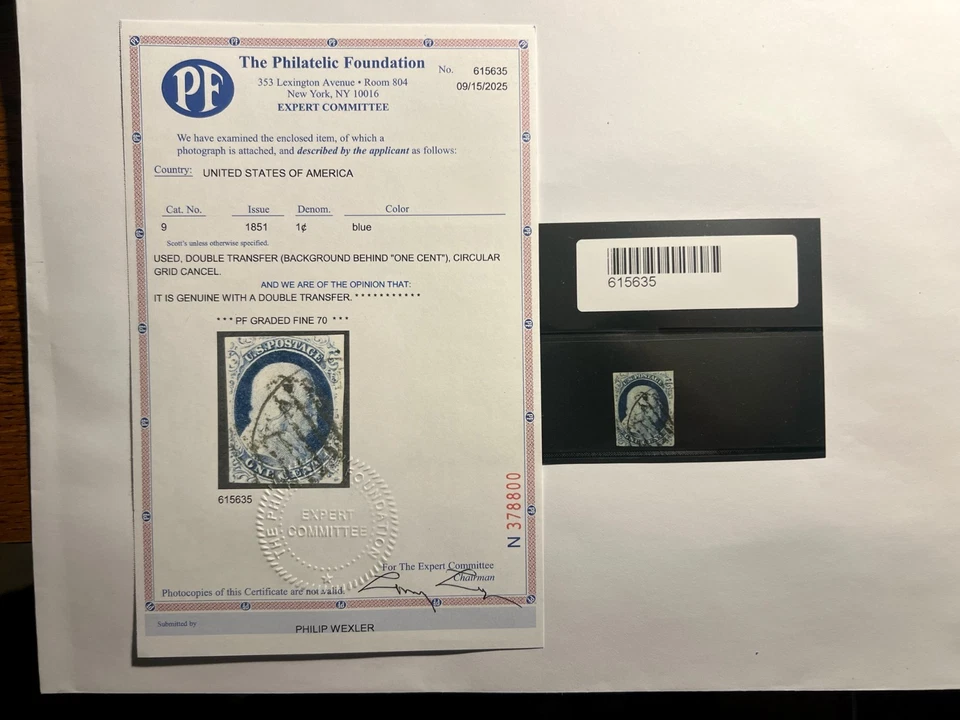 US STAMP #9 - 1852 -  Graded FINE 70 with  PF Certificate - Image 2 of 3