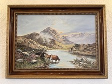 C Kinnish Oil Painting Highland Cattle Mountain Lake Landscape Framed