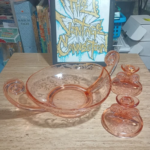 Antique Fostoria Versailles Pink Depression Glass Bowl + 2 Candle Holders 1920s