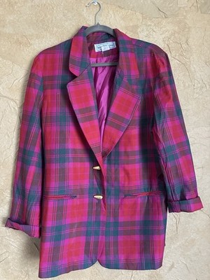 Norton McNaughton Pink Green Plaid Blazer Women Mid-Length Lined Gold Buttons