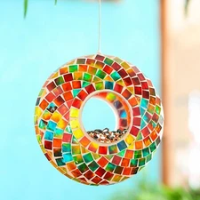 9.25"D - Acrylic Circle Bird Feeder, Rainbow Mosaic Glass - 9 x 3.5 x 9 inches.