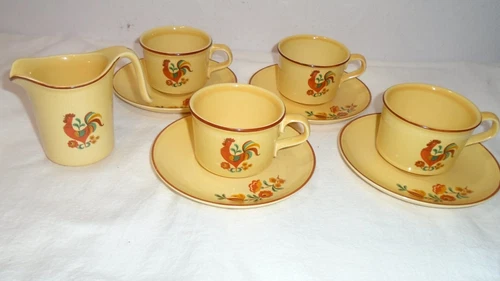 Vtg Taylor Smith & Taylor Reveille Rooster Cup & Saucer Set w Creamer Coffee Tea