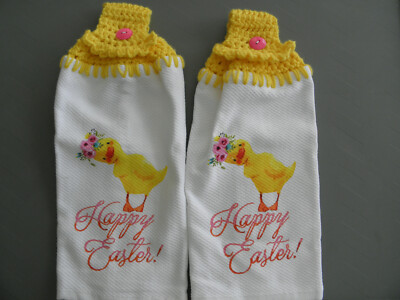 Two Kitchen Dish Towels W/ Crochet Top ''HAPPY EASTER w/ DUCK'' & Flowers 
