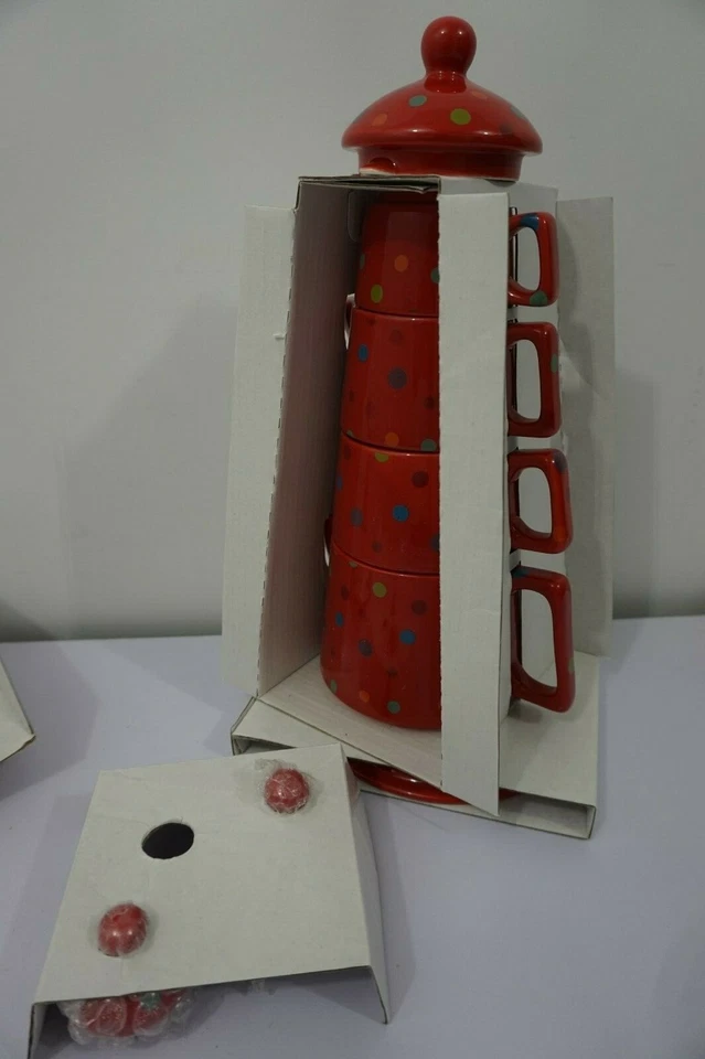 NUEVO Torre de té apilable servicio de té para uno por Yedi 6 piezas rojo con lunares Foto 4 de 4