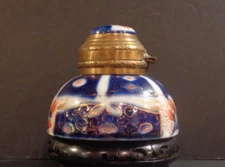 Antique Hand Painted English Imari Porcelain Ink Well Complete w/ Glass Insert