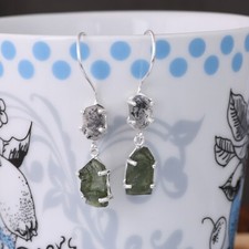 Raw Czech Moldavite Earrings With Herkimer Sterling Silver Healing Stone Jewelry