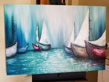Boats oil painting on canvas original art handmade wall decor abstract 24"x20"  