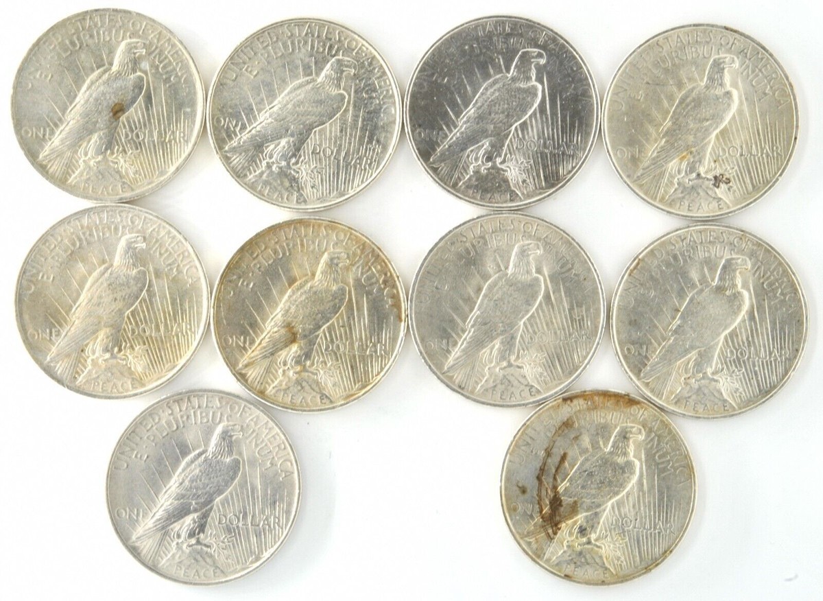 1922 Peace Dollar US .900 Silver Coins Lot Of 10 AU/ UNC