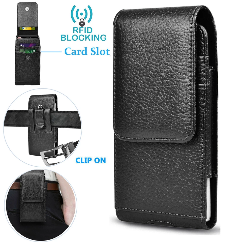 Vertical Cell Phone Holster Pouch Leather Wallet Case Universal w/Belt Clip Loop - Image 3 of 4