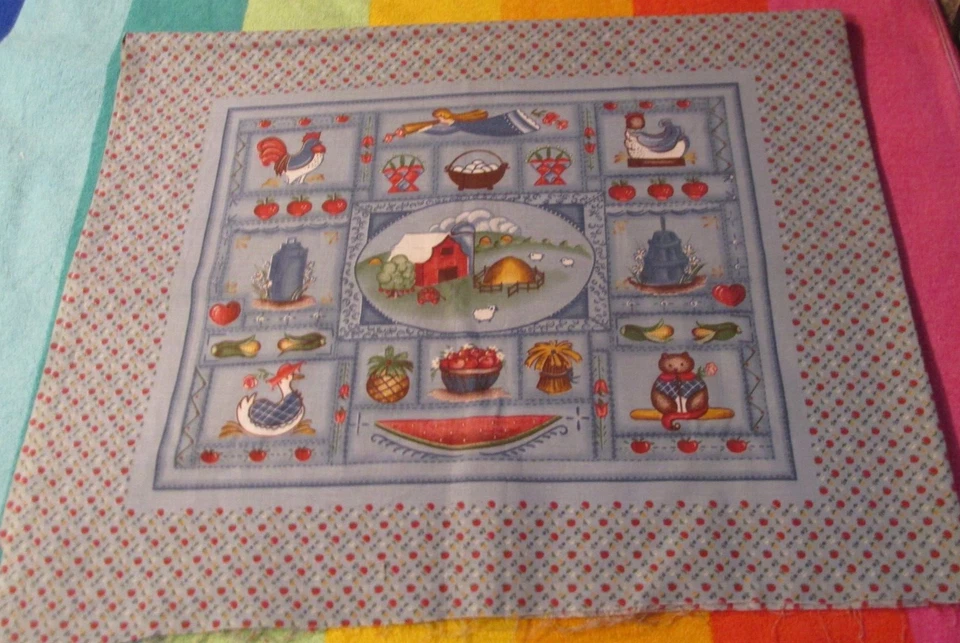 33" long x 44" wide Vintage Quilt Fabric 4 country Squares Barn heart Tree Chick - Image 3 of 4