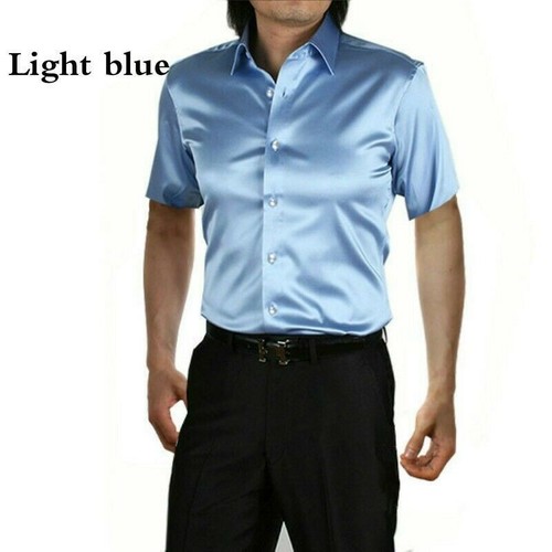Men Faux Silk Satin Dress Shirts Short 