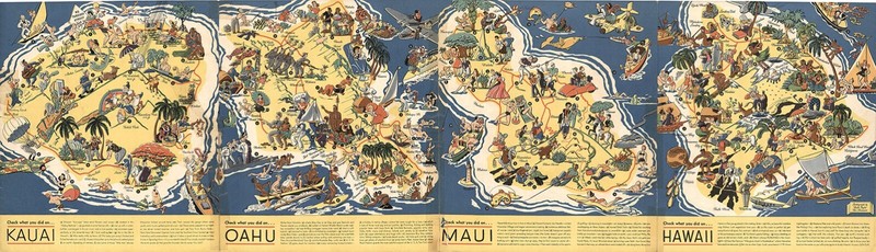 Pictorial Map Kauai Oahu Maui Hawaii Islands 5x16 Wall Art Print Home Decor