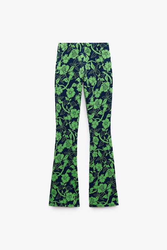 NWT Zara Green Blue Jacquard Floral Print High Waisted Flare Pants Green Small