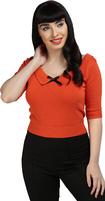 Collectif BABETTE Vintage BOW Three Quarter Sleeve JUMPER Sweater Orange Rockabilly