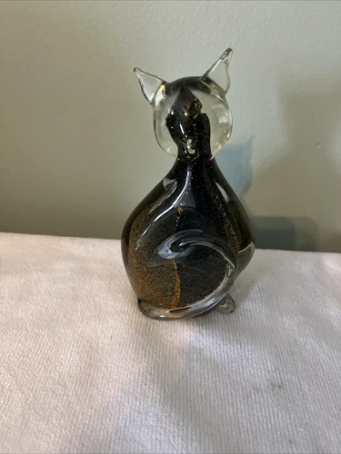 Vintage Art Glass Murano Style Clear & Gold Fleck Sitting Cat Figurine 6.5” GCA