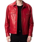 Men's Red Trucker Jacket 100% Real Lambskin Leather Denim Style Buttoned Jacket