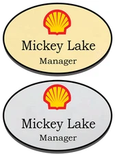 1 GOLD & 1 SILVER OVAL SHELL OIL PERSONALIZED NAME BADGES PIN FASTENER