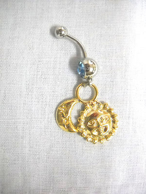GOLDTONE LUNAR MOON & SUN STAR DANGLING CHARM 14g BLUE CZ BELLY RING
