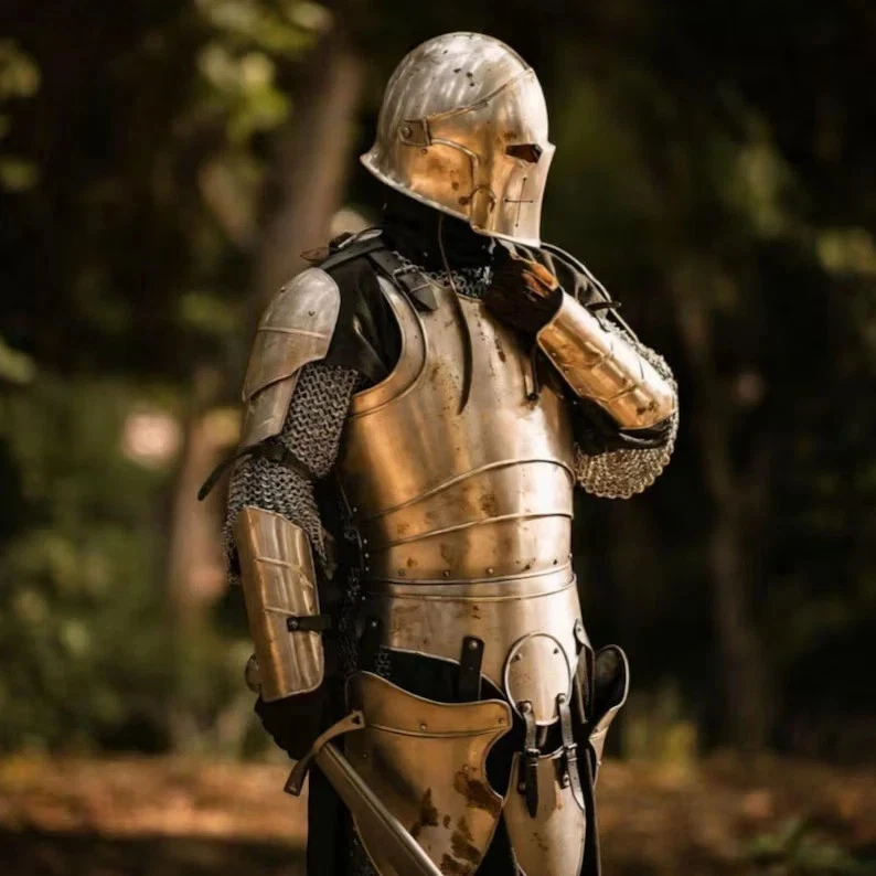 Conjunto de armadura de cuerpo completo de acero calibre 18 casco medieval LARP y placa de cosplay armadura Foto 4 de 4