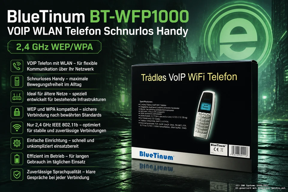 BlueTinum VOIP WIFI WLAN Telefon, BT-WFP1000, Handy SIP, WEP, WPA, IP-Phone, NEU - Bild 1 von 1