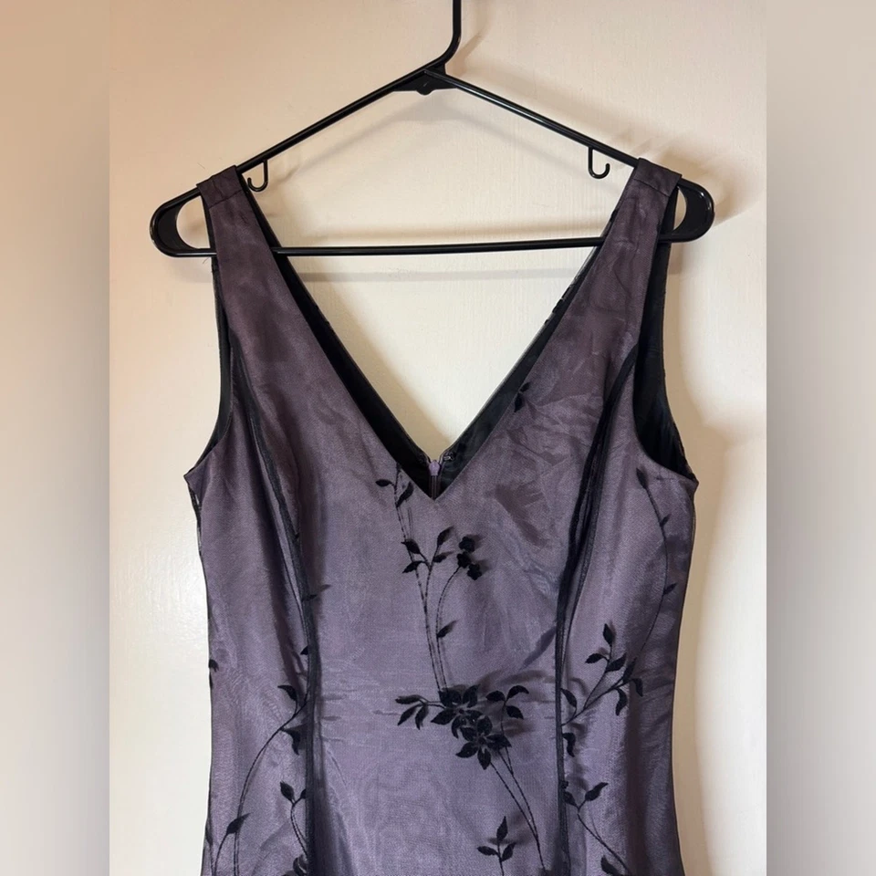 Vintage Y2K Whimsigoth Papell Boutique A Line Black Velvet Floral Midi Dress 10 - Image 4 of 4