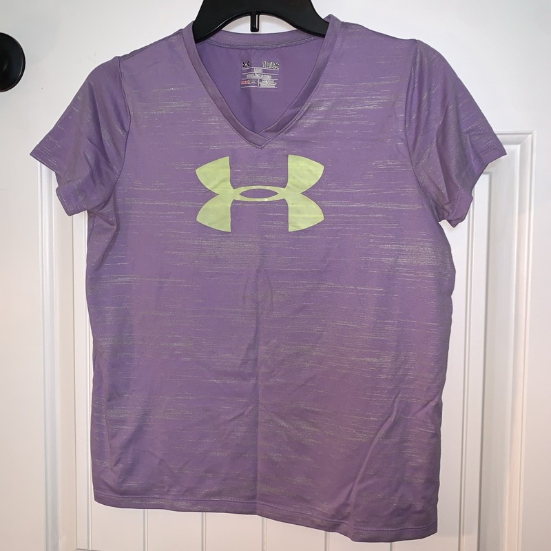 Girls YLG Under Armour S/S Shirt Light Purple with Silver Lines Green Logo EUC!