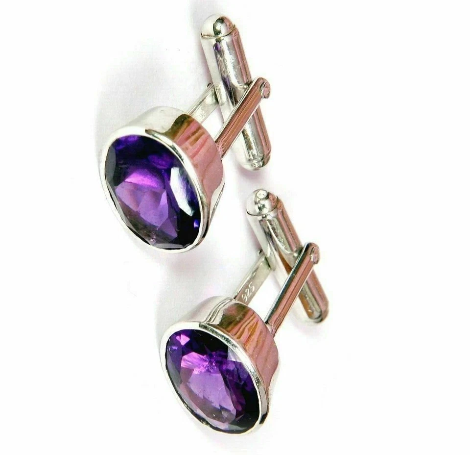 Gemelos de lujo para hombre de amatista creados en laboratorio de corte ovalado de 1 quilate acabado en oro blanco de 14 quilates Foto 4 de 4