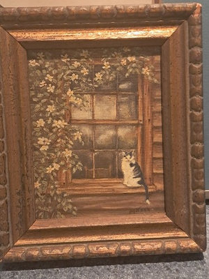 #ad VTG Oil on panel painting by Margaret Koch cat at window 6 1 2 x 5 1 2 framed $50.00