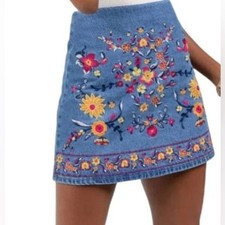 Harper Heritage Colorful FLoral Embroidered A Line Mini Denim Skirt Women M