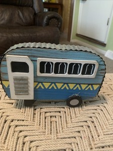 Rustic Handmade Vintage Camper.  Wooden, Hand Painted Shelf Sitter, 9”