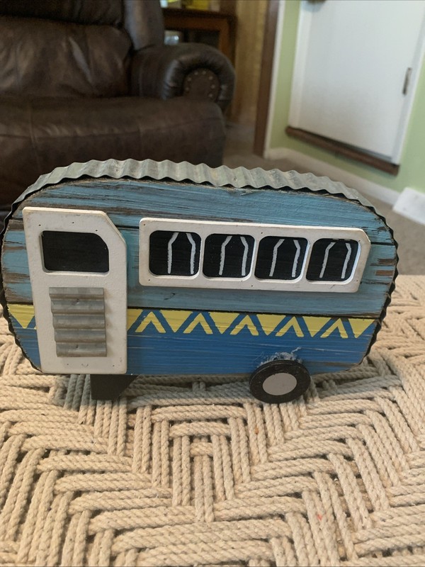 Rustic Handmade Vintage Camper.  Wooden, Hand Painted Shelf Sitter, 9”