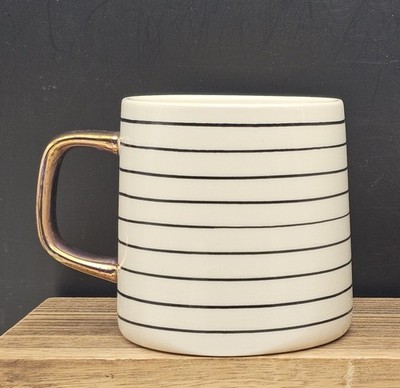 Large Thyme & Table White/Black Stripes Gold Handle Stoneware Coffee/Tea Mug