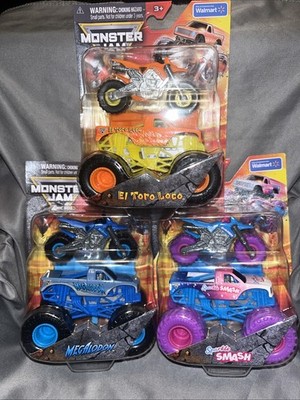 MONSTER JAM TRUCKS WALMART EXCLUSIVE VHTF NEW SET MONSTER TRUCK WITH MOTORCYCLE