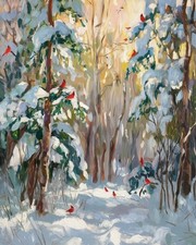 Tranquil Winter Forest | Snowy Trees & Red Cardinals Impressionist Museum Art