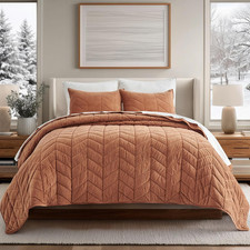 3 Piece Full Queen Velvet Quilt Set Burnt Orange Oversized Bedspread 92x96