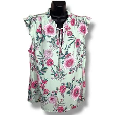 Large Counterparts Mint Green Fuchsia Pink Floral Print Ruffle Accent Blouse